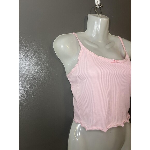 Windsor Tank Top Womens Medium Pink Ribbed Cami Crop Lettuce Hem Bow Stretch - Picture 2 of 7